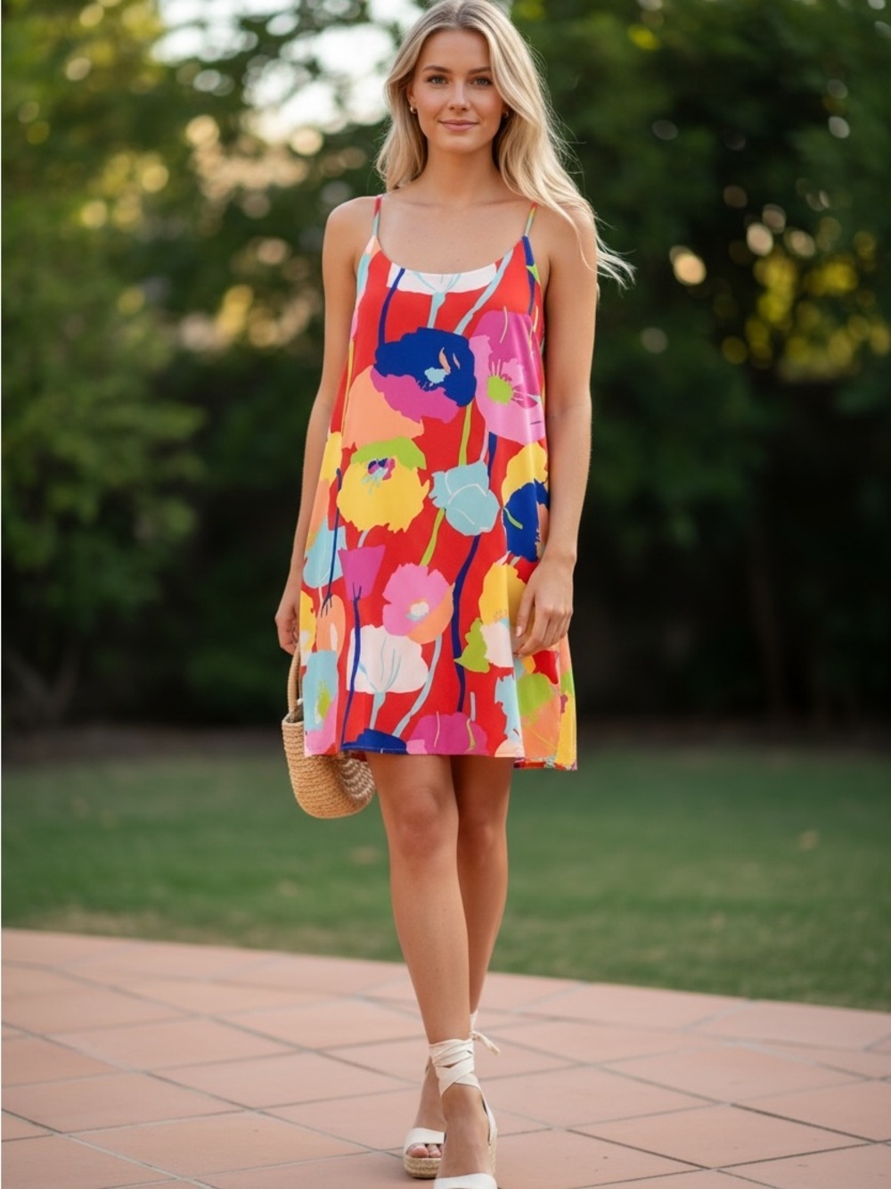 Everly Floral Mini Dress in Red with Multicolor Blooms